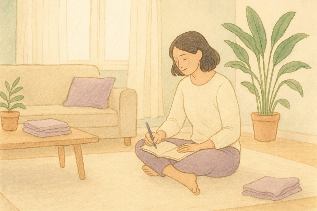 A soft, hand-drawn illustration of an autistic adult journaling in a calm, sensory-friendly living space. The room features gentle natural light, muted sage and lavender tones, potted plants, and cozy furnishings.