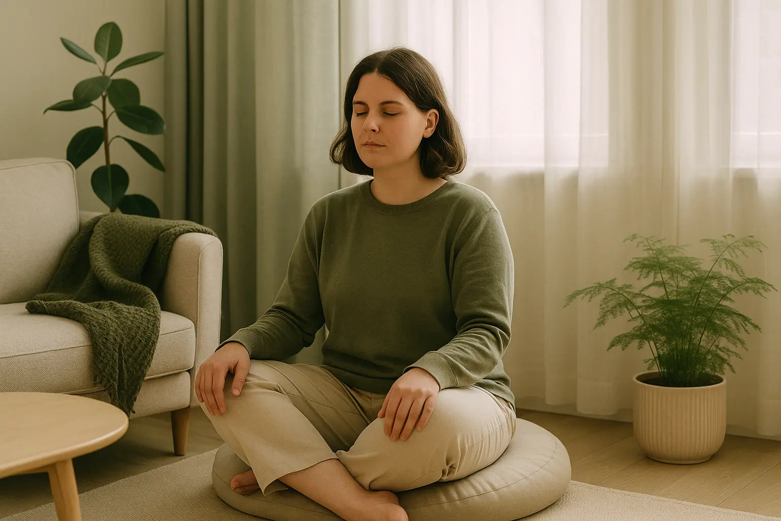 Calm, sunlit room with soft sage and cream tones where an autistic adult sits peacefully meditating on a cushion, surrounded by plants, soft fabrics, and a cozy sensory-friendly atmosphere.