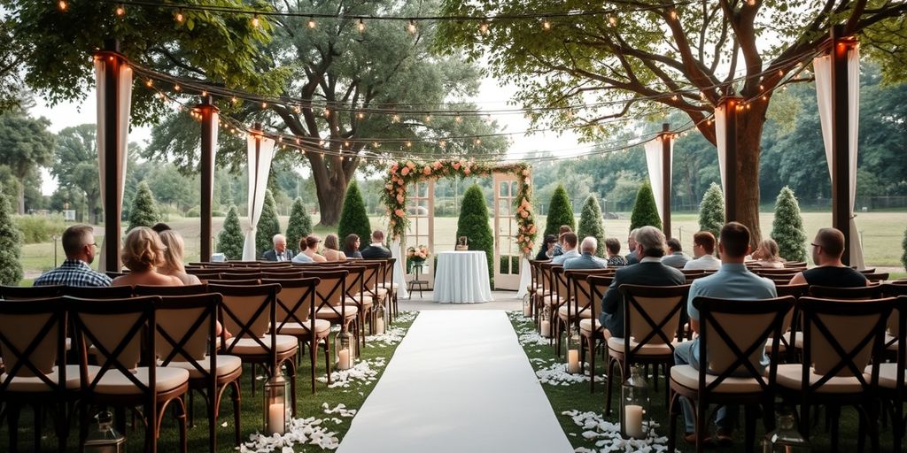 Serene outdoor wedding with soft lighting.