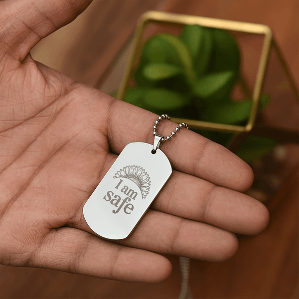 “I Am Safe” Sunflower Dog Tag Necklace