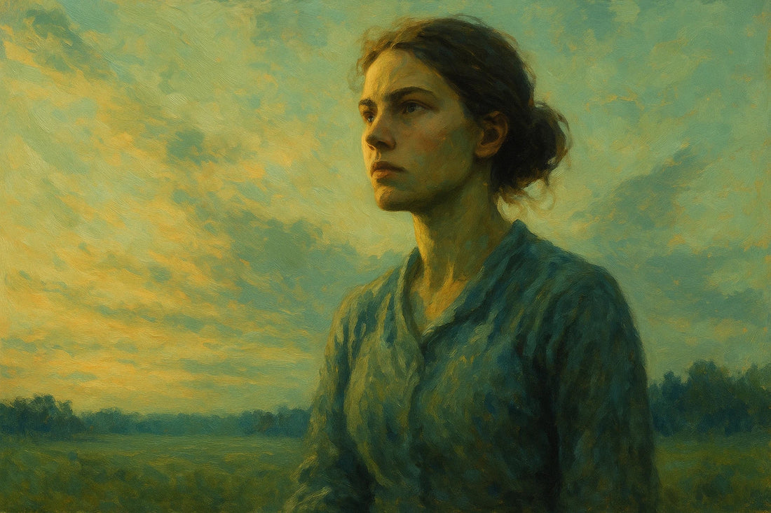 Impressionist painting of a calm, strong autistic woman standing under a soft sage and golden sky, symbolizing resilience, growth, and self-acceptance within the autism community.