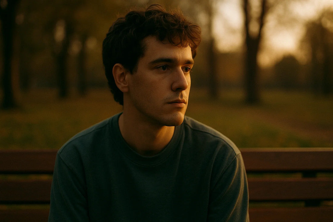 A contemplative young man sits on a park bench at sunset, bathed in warm golden light. His calm expression and soft surroundings evoke a sense of quiet strength and introspective beauty, symbolizing the gentle resilience of autistic adults.