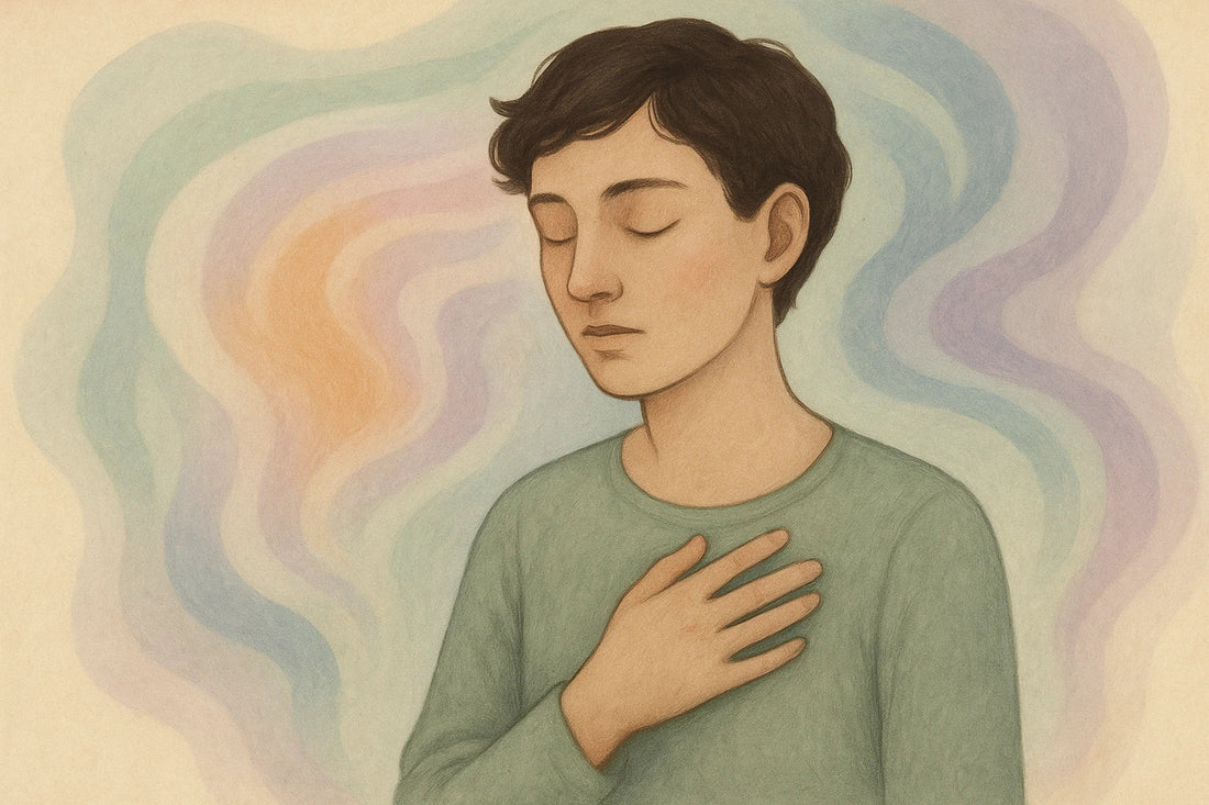 A calm autistic adult with eyes closed, hand resting on their chest, surrounded by soft pastel waves of sage, lavender, and cream — symbolizing introspection, emotional awareness, and connection with inner feelings.