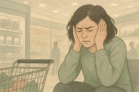 An adult in a grocery store covers their ears, surrounded by soft light and muted tones, representing the emotional weight of anxiety and sensory overstimulation.