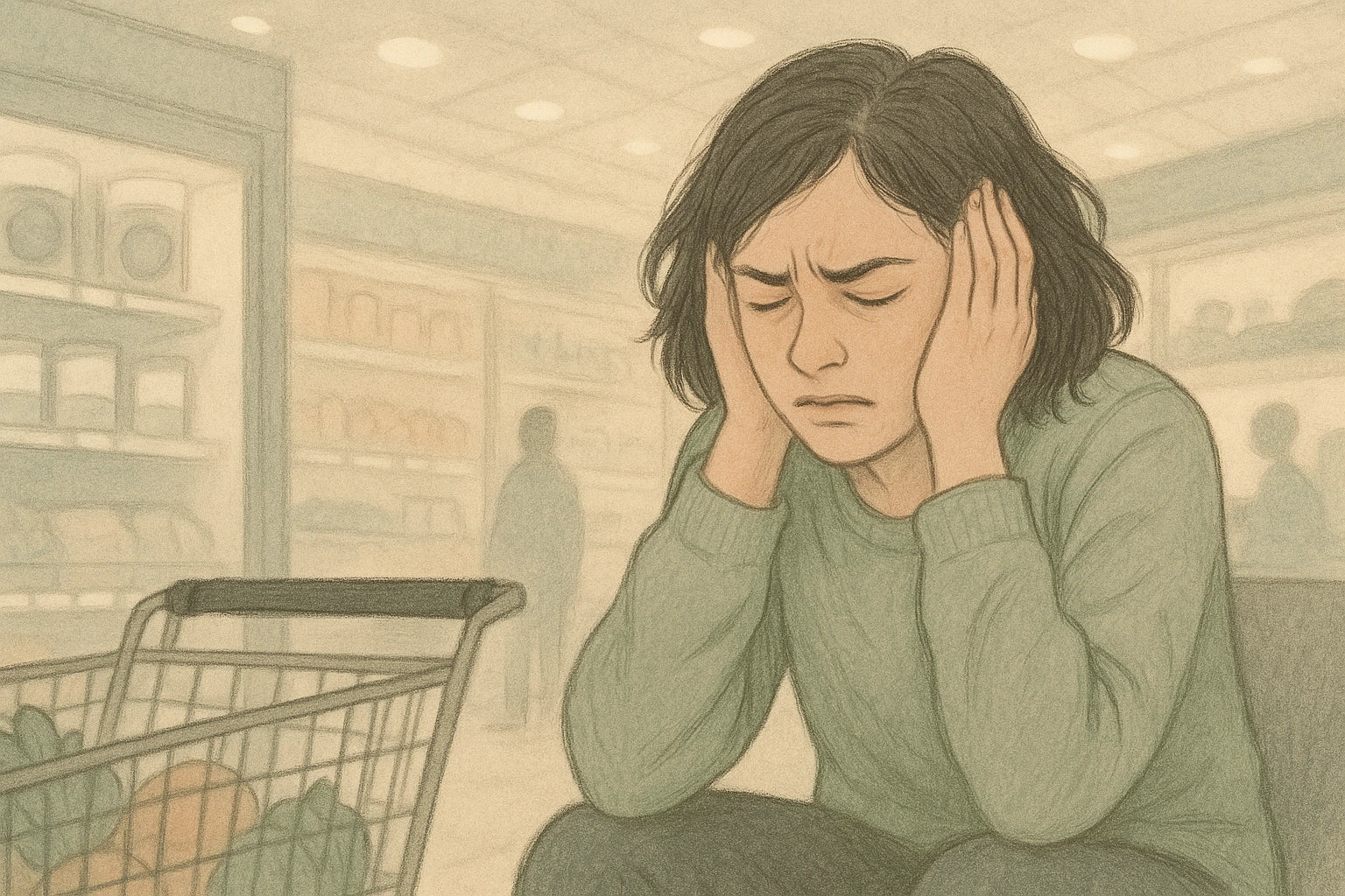 An adult in a grocery store covers their ears, surrounded by soft light and muted tones, representing the emotional weight of anxiety and sensory overstimulation.