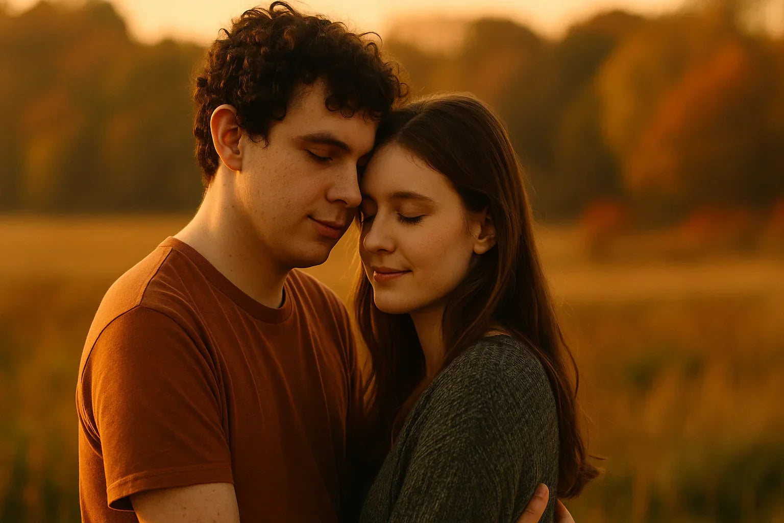 A warm, cinematic scene of two autistic adults gently embracing in a golden field at sunset, eyes closed, radiating calm connection and emotional warmth symbolizing the beauty of autism and authentic love.