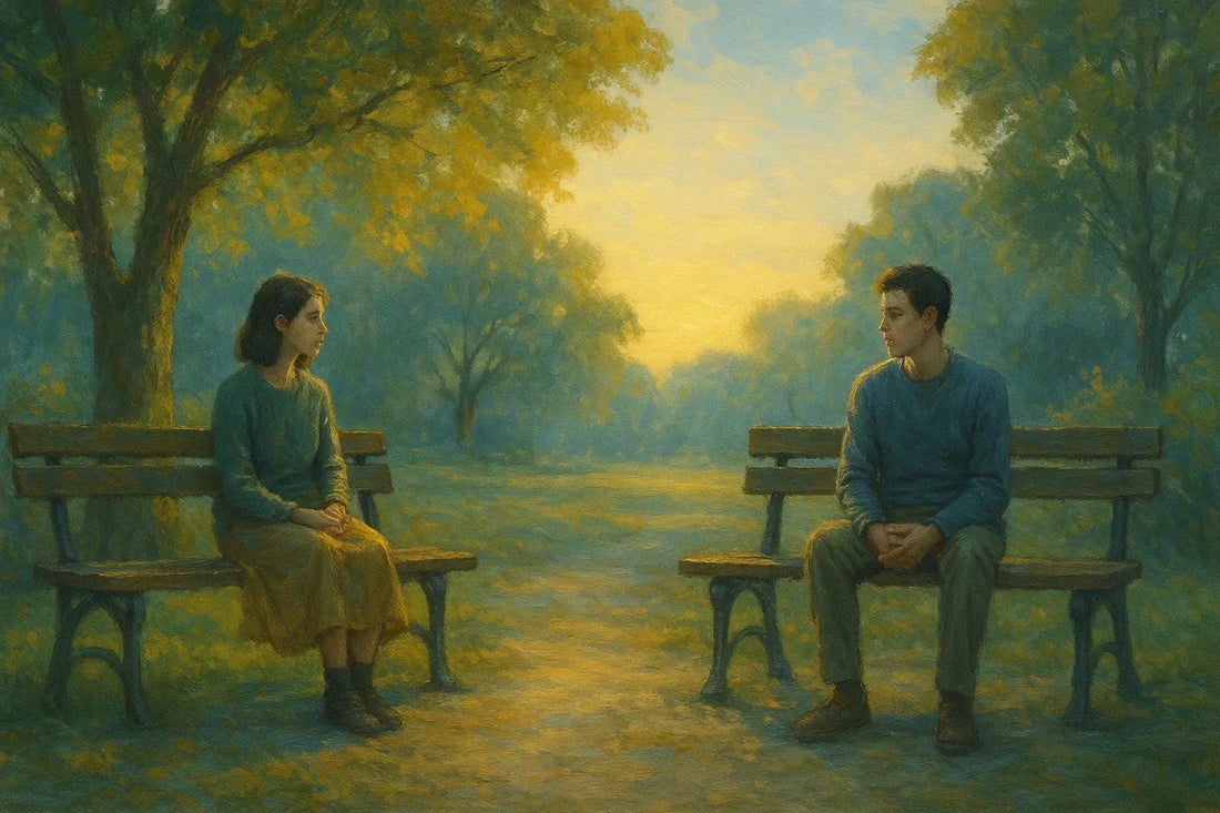 Two neurodivergent adults sit quietly on separate park benches at sunset, surrounded by golden light and soft green trees, symbolizing calm connection and understanding within the autism community.