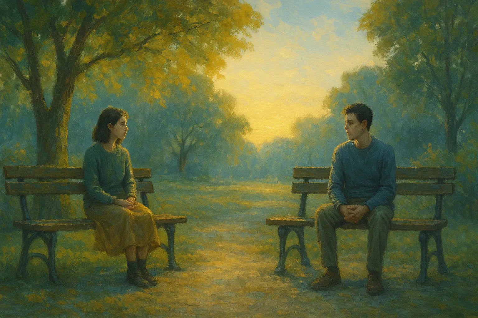 Two neurodivergent adults sit quietly on separate park benches at sunset, surrounded by golden light and soft green trees, symbolizing calm connection and understanding within the autism community.