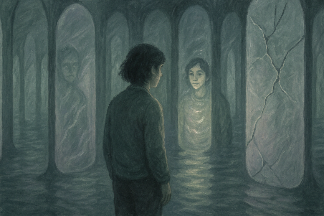 An autistic adult standing in a hall of soft mirrors, seeing their true reflection for the first time.