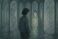 An autistic adult standing in a hall of soft mirrors, seeing their true reflection for the first time.