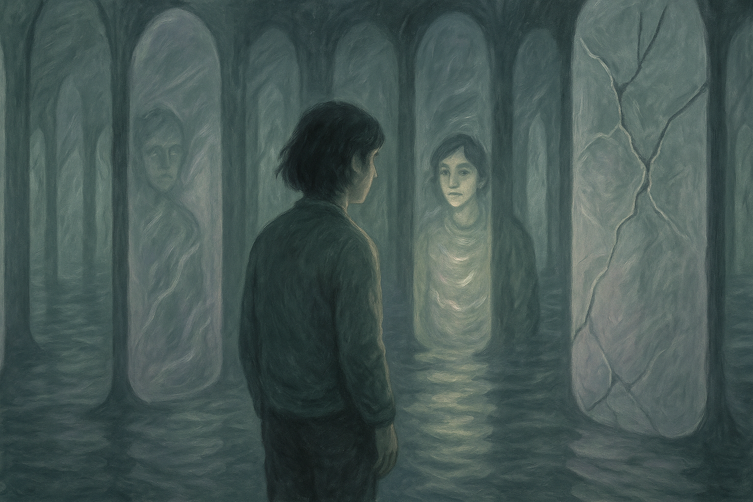 An autistic adult standing in a hall of soft mirrors, seeing their true reflection for the first time.