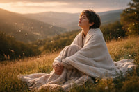 An autistic adult sitting wrapped in a soft blanket on a grassy hillside at sunset, eyes closed, resting quietly in the warm light.