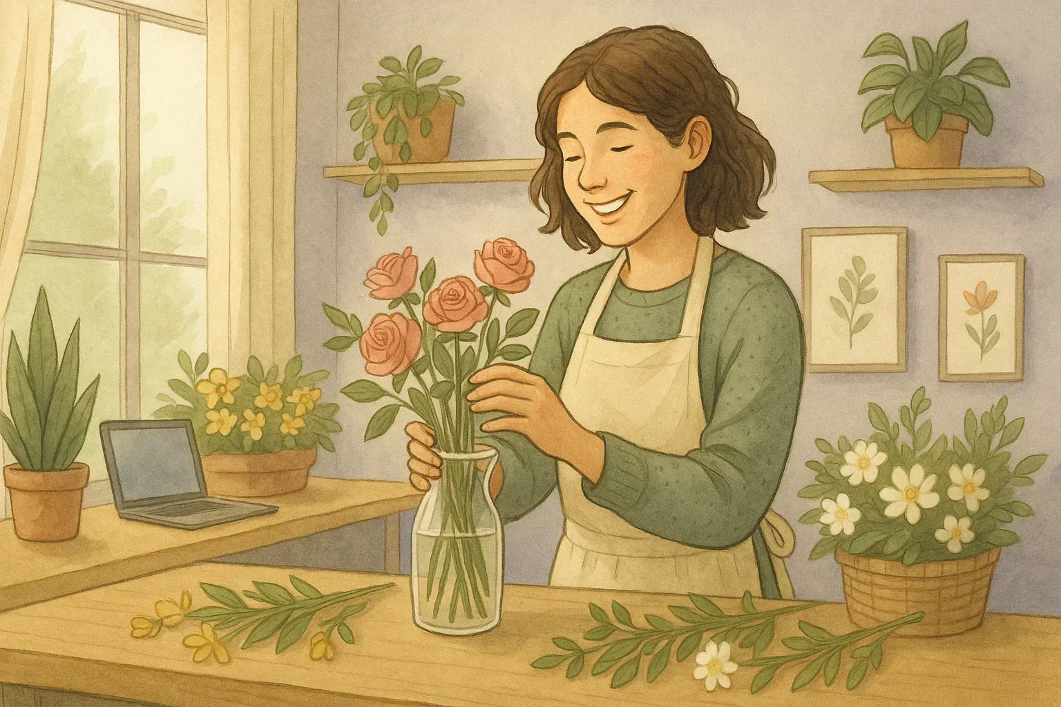 A joyful autistic adult arranges flowers in a sunlit studio filled with plants, art prints, and warm natural light. The scene radiates calm, independence, and fulfillment, symbolizing how self-employment can provide purpose and sensory comfort.