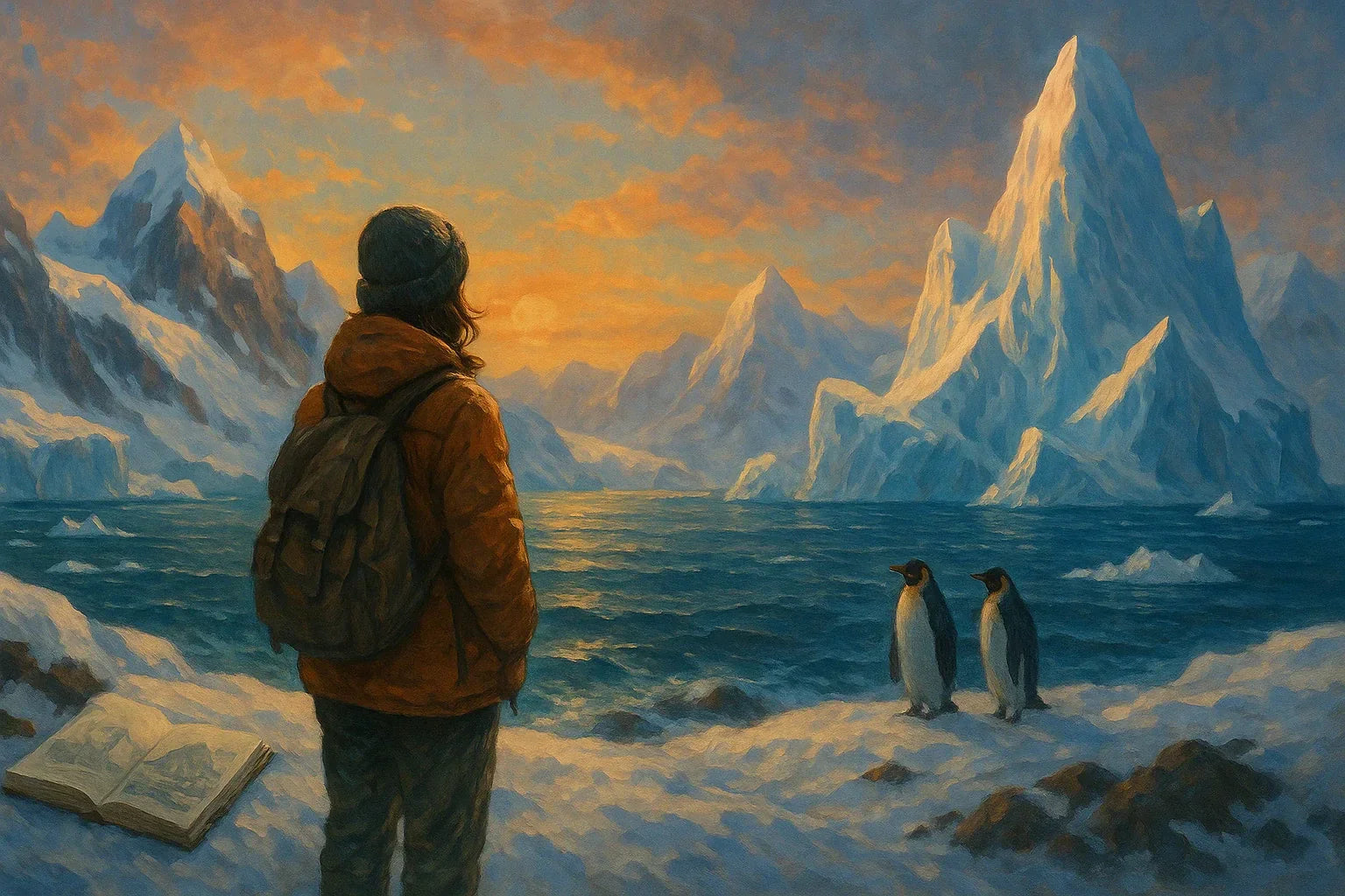 An autistic adult stands on a snowy Antarctic shoreline at sunset, gazing at towering icebergs and calm ocean waves. Two penguins stand nearby beside an open sketchbook, symbolizing deep focus, wonder, and the beauty of autistic special interests.