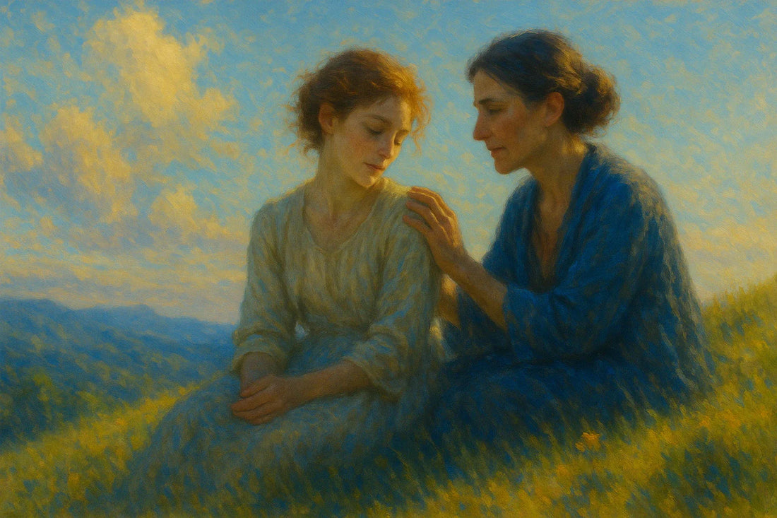 An impressionist-style painting of two adults sitting on a sunlit hillside surrounded by wildflowers. One gently rests a hand on the other’s shoulder in a gesture of comfort and care. 