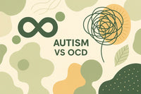 Abstract illustration showing the balance between autism and OCD, featuring a green infinity symbol and soft spiral line art on a sage, cream, and mustard background — representing calm, clarity, and neurodiversity.