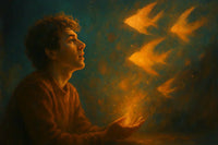 A cinematic digital painting of an autistic adult bathed in warm golden light, gazing upward with wonder as glowing, ethereal fish-like shapes drift through the air.