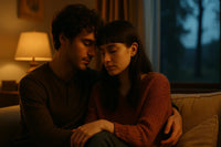  A cinematic image of a couple sitting close together in warm evening light, their heads gently touching in quiet affection. The scene conveys serenity, safety, and emotional depth, symbolizing love and understanding between neurodivergent partners.