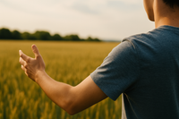 A serene, sunlit field viewed from behind a person gently extending their hand toward the horizon, symbolizing calm, balance, and connection — a peaceful visual representing neurodiversity and inner harmony.