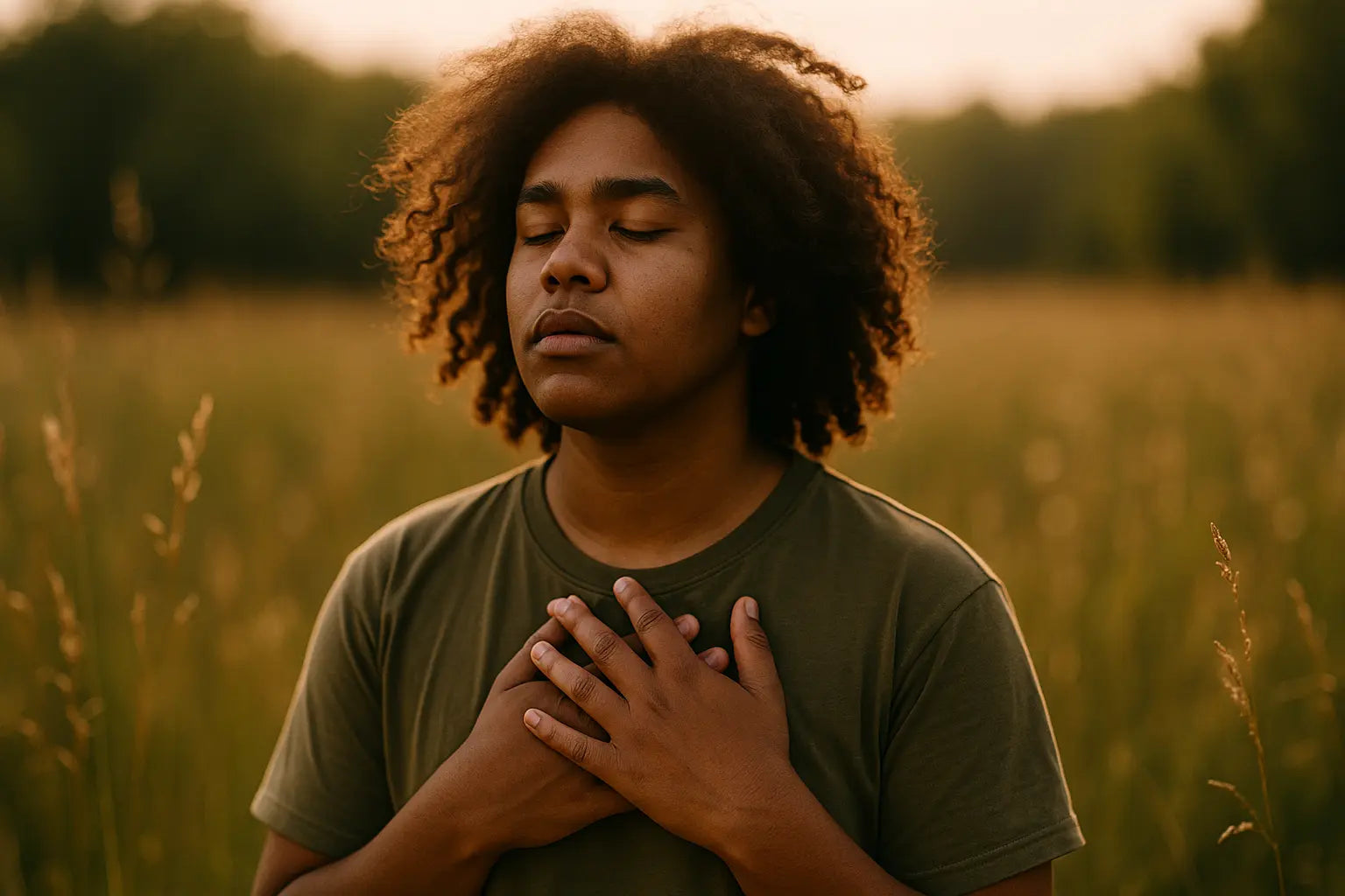 An autistic adult standing peacefully in a sunlit field with hands over their heart, eyes closed, and soft golden light around them — symbolizing calm, self-acceptance, and the emotional freedom of unmasking.