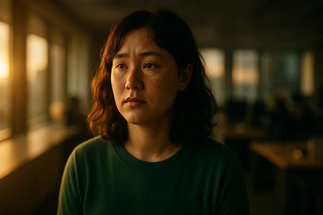 A young autistic woman sits in a softly lit office at sunset, her expression calm yet thoughtful. Warm golden light highlights her face and green sweater, symbolizing both the challenges and quiet strength of neurodiversity in the workplace.