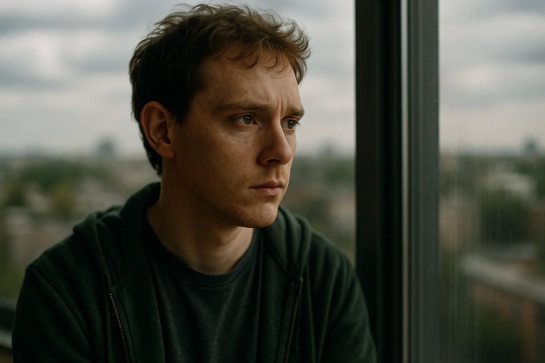 A young autistic man gazes thoughtfully out a window on an overcast day, soft natural light illuminating his face. The scene captures quiet strength and introspection, symbolizing the dignity and inner resilience of autistic adults.