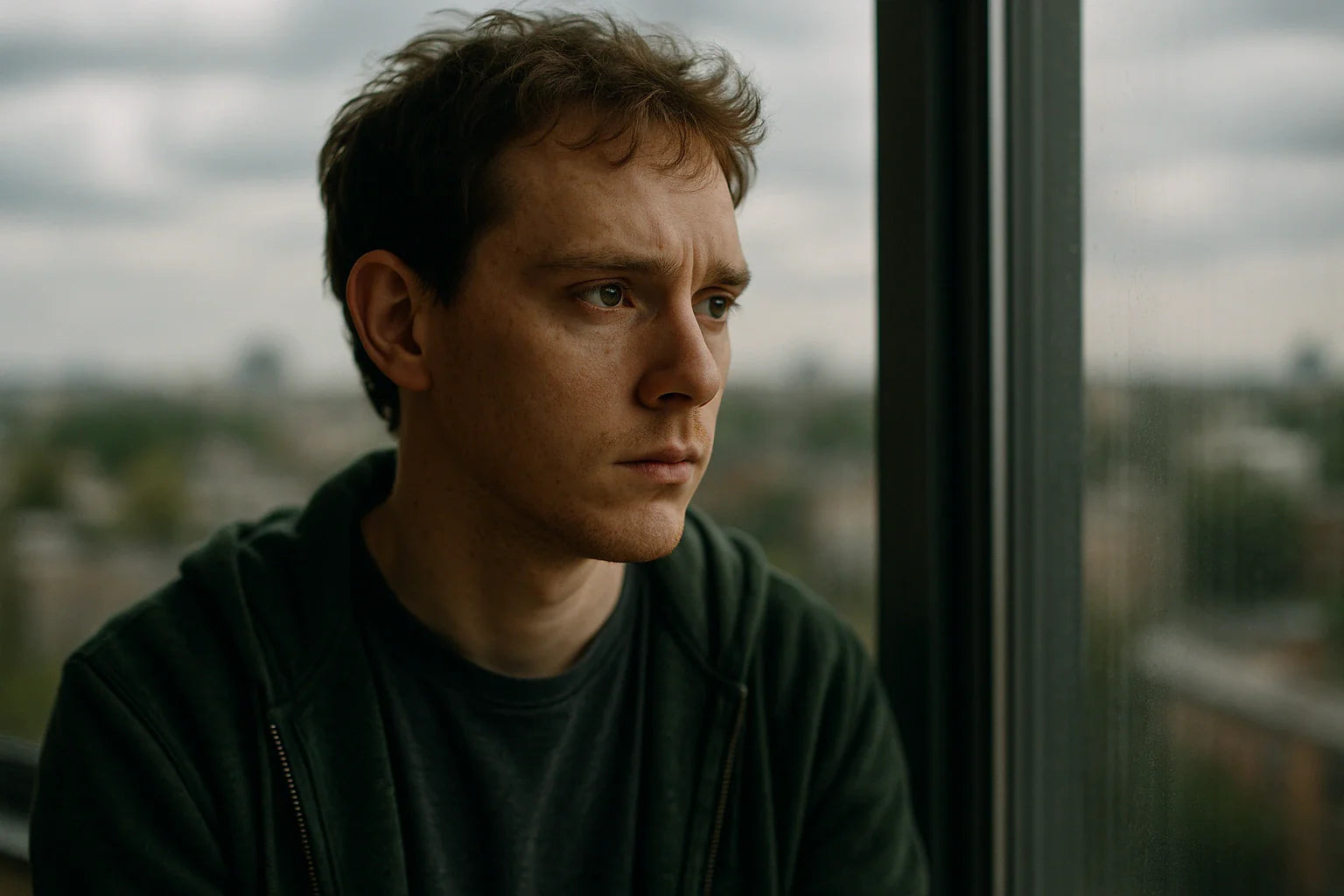 A young autistic man gazes thoughtfully out a window on an overcast day, soft natural light illuminating his face. The scene captures quiet strength and introspection, symbolizing the dignity and inner resilience of autistic adults.
