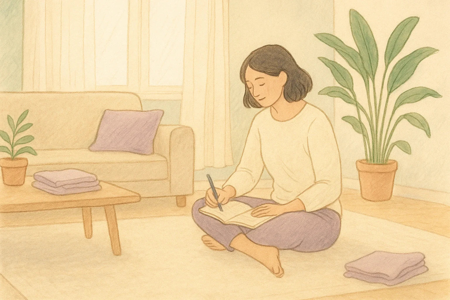 A soft, hand-drawn illustration of an autistic adult journaling in a calm, sensory-friendly living space. The room features gentle natural light, muted sage and lavender tones, potted plants, and cozy furnishings.