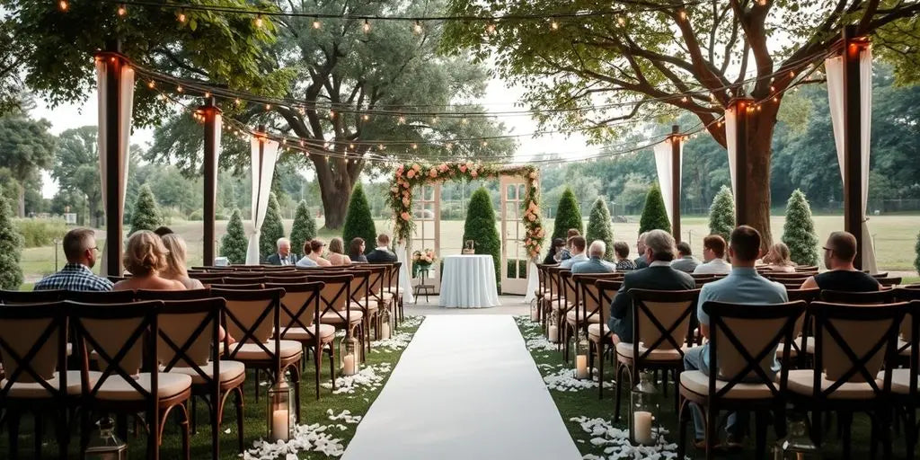 Serene outdoor wedding with soft lighting.