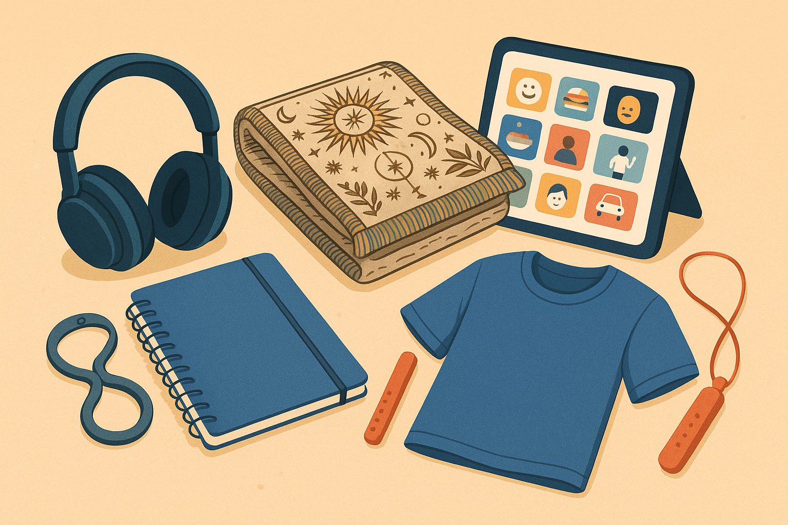 Flat lay of sensory-friendly autism products for adults including headphones, clothing, and communication tools