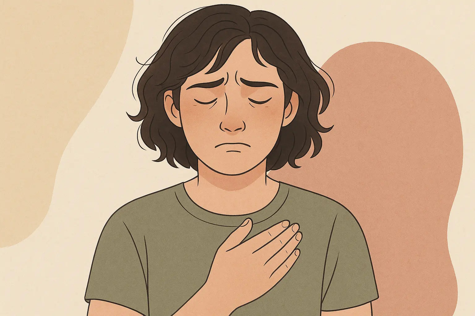A calm illustration of an autistic adult with short brown hair and a soft green shirt, eyes closed and hand over chest, expressing quiet vulnerability and self-compassion against a warm, muted background.