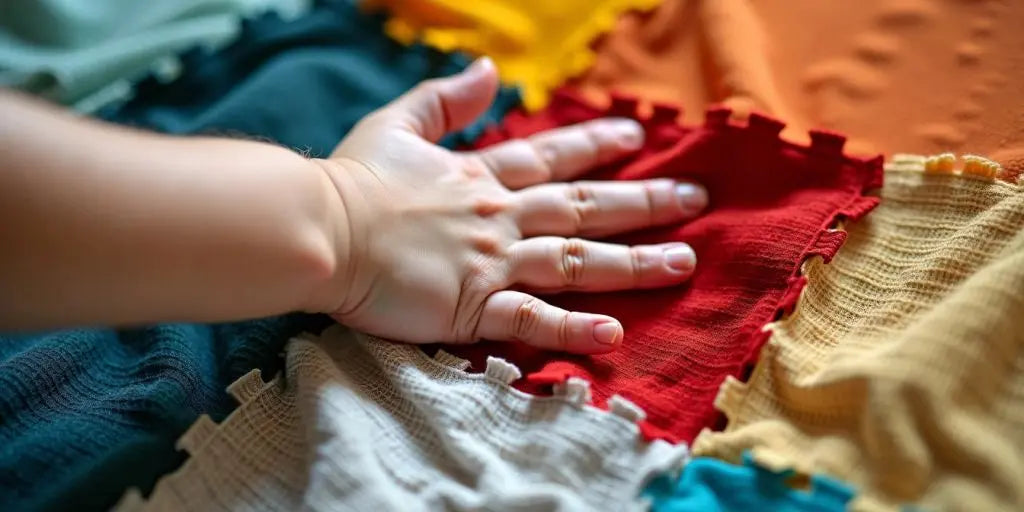 Child's hand exploring different textured surfaces.