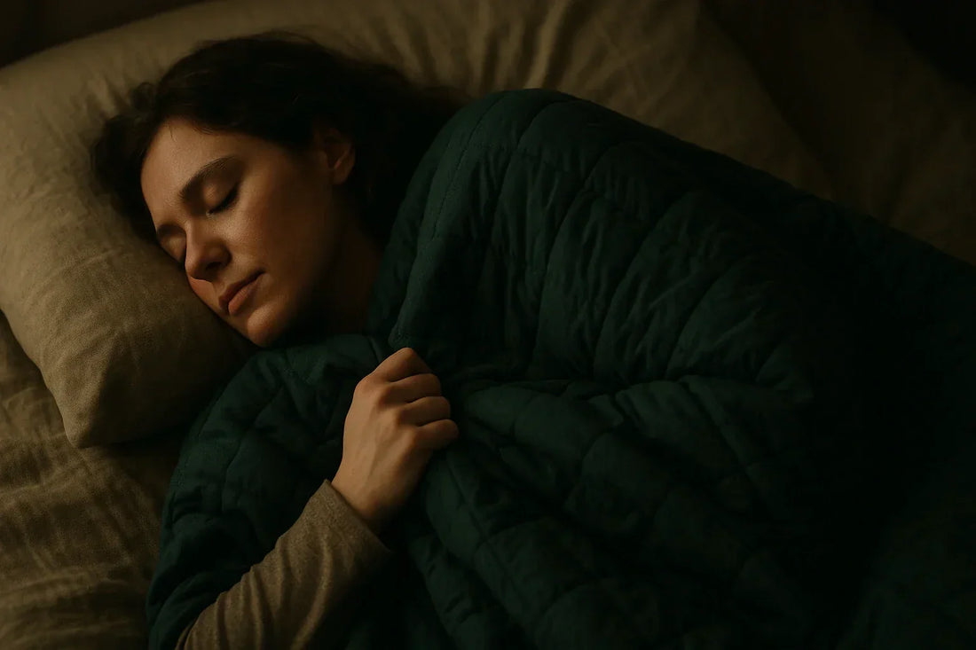 A calming bedroom scene with an autistic adult resting underneath a HeyASD sensory blanket. The atmosphere feels warm, safe and peaceful. 