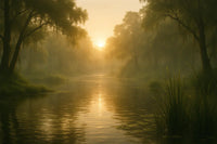 A tranquil swamp at golden sunrise, with soft mist drifting through trees and warm light reflecting on still water — symbolizing peace, solitude, and autistic self-acceptance.