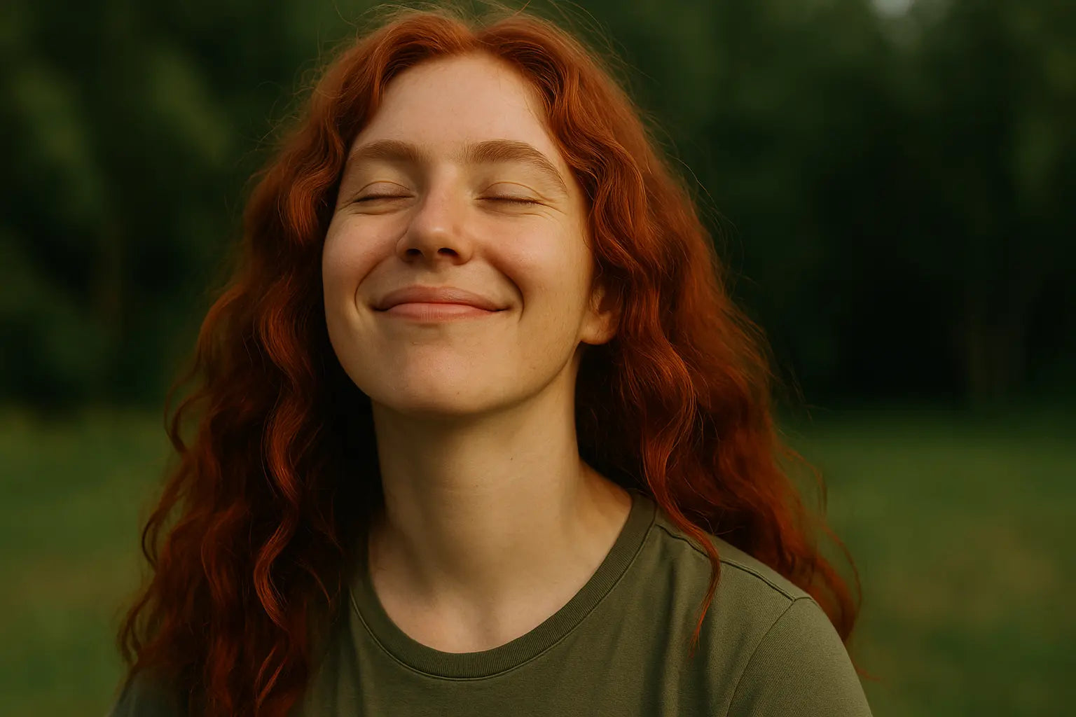 A serene autistic woman with long red hair smiles softly with her eyes closed in golden sunlight, standing outdoors against a blurred green background — a calm, natural moment symbolizing autistic pride, peace, and self-acceptance.