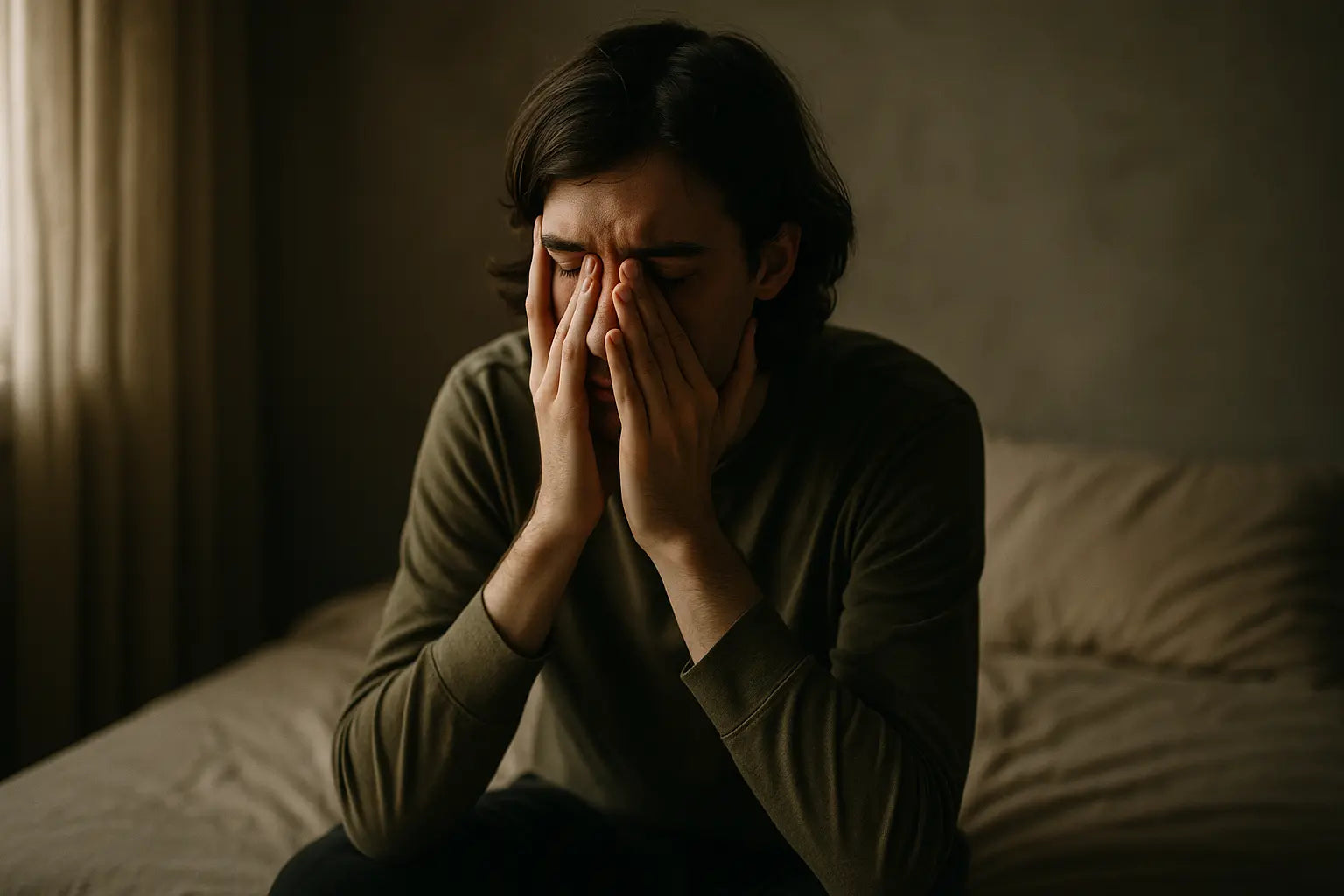A young autistic man sits on a bed in soft natural light, his face resting in his hands, capturing a quiet moment of overwhelm and reflection. 