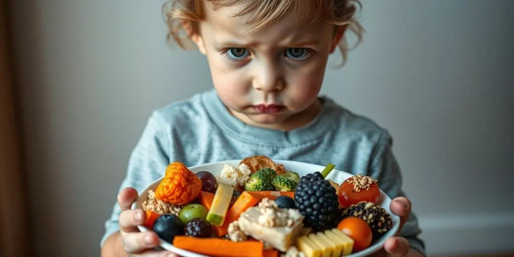 Child with plate of assorted foods, looking concerned.