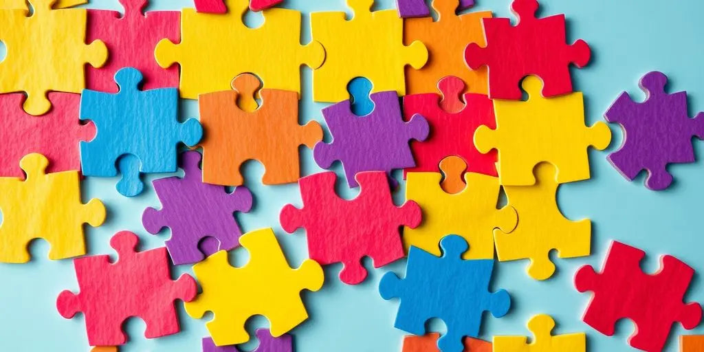 Colorful puzzle piece pattern on light blue background.