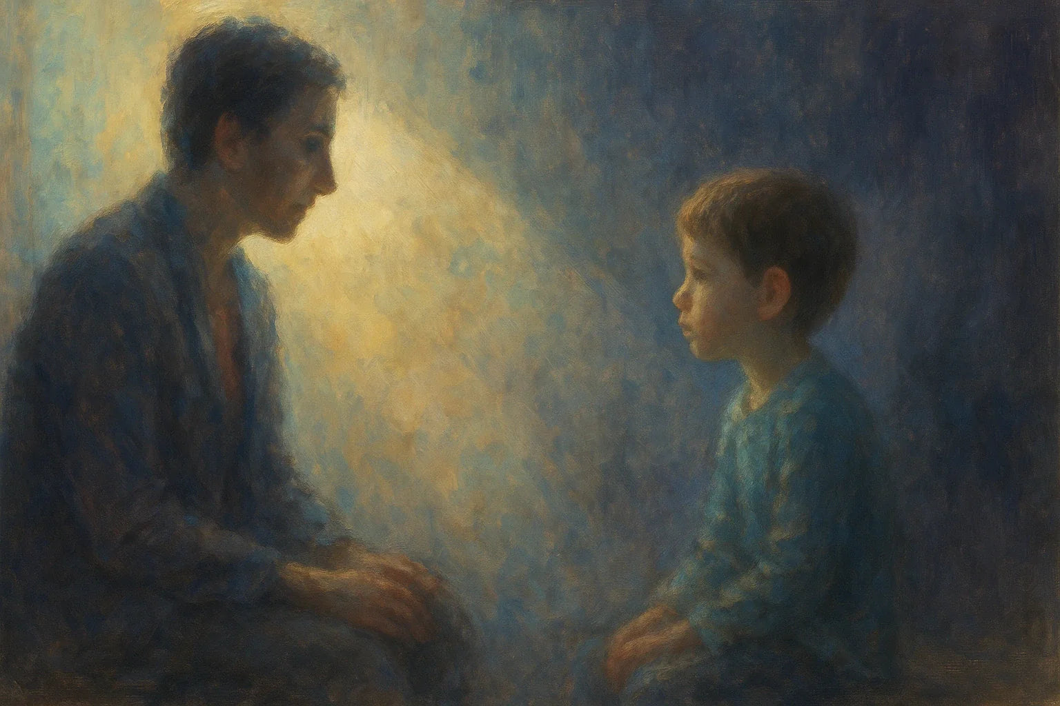 Impressionist-style painting showing an autistic child and an adult sitting face-to-face in warm golden light, symbolizing empathy and understanding, with soft pastel tones and a calm, emotional atmosphere.