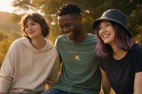 Three autistic adults wearing soft, neutral-toned autism awareness apparel sit together outdoors in warm natural light, relaxed and comfortable.