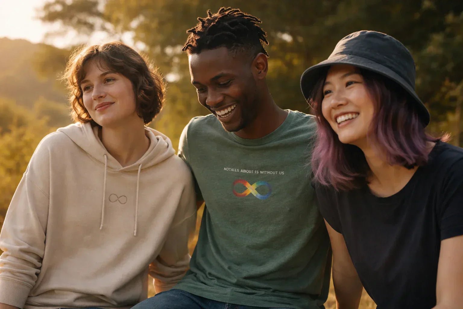 Three autistic adults wearing soft, neutral-toned autism awareness apparel sit together outdoors in warm natural light, relaxed and comfortable.