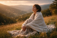 An autistic adult sitting wrapped in a soft blanket on a grassy hillside at sunset, eyes closed, resting quietly in the warm light.
