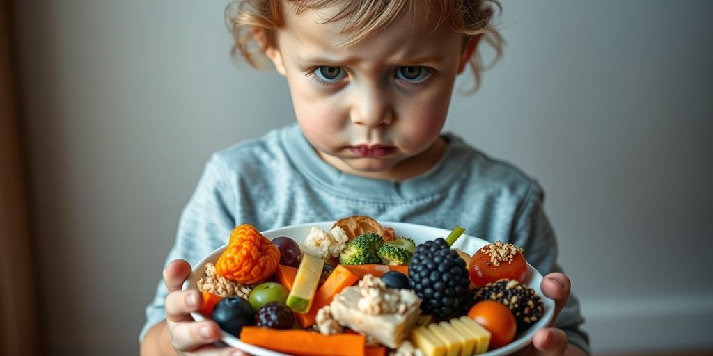 Child with plate of assorted foods, looking concerned.