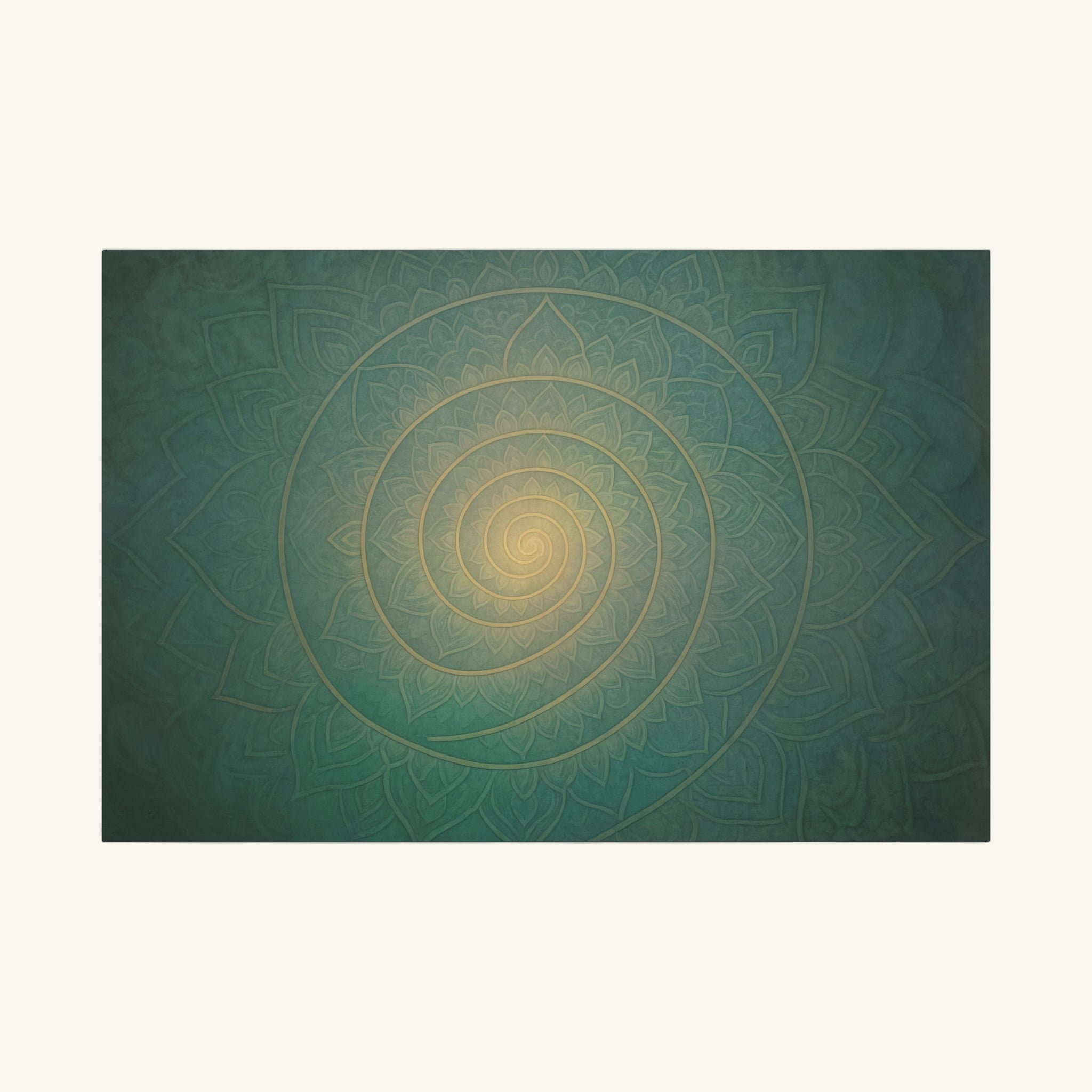 Decorative mat with concentric circle pattern on a green background