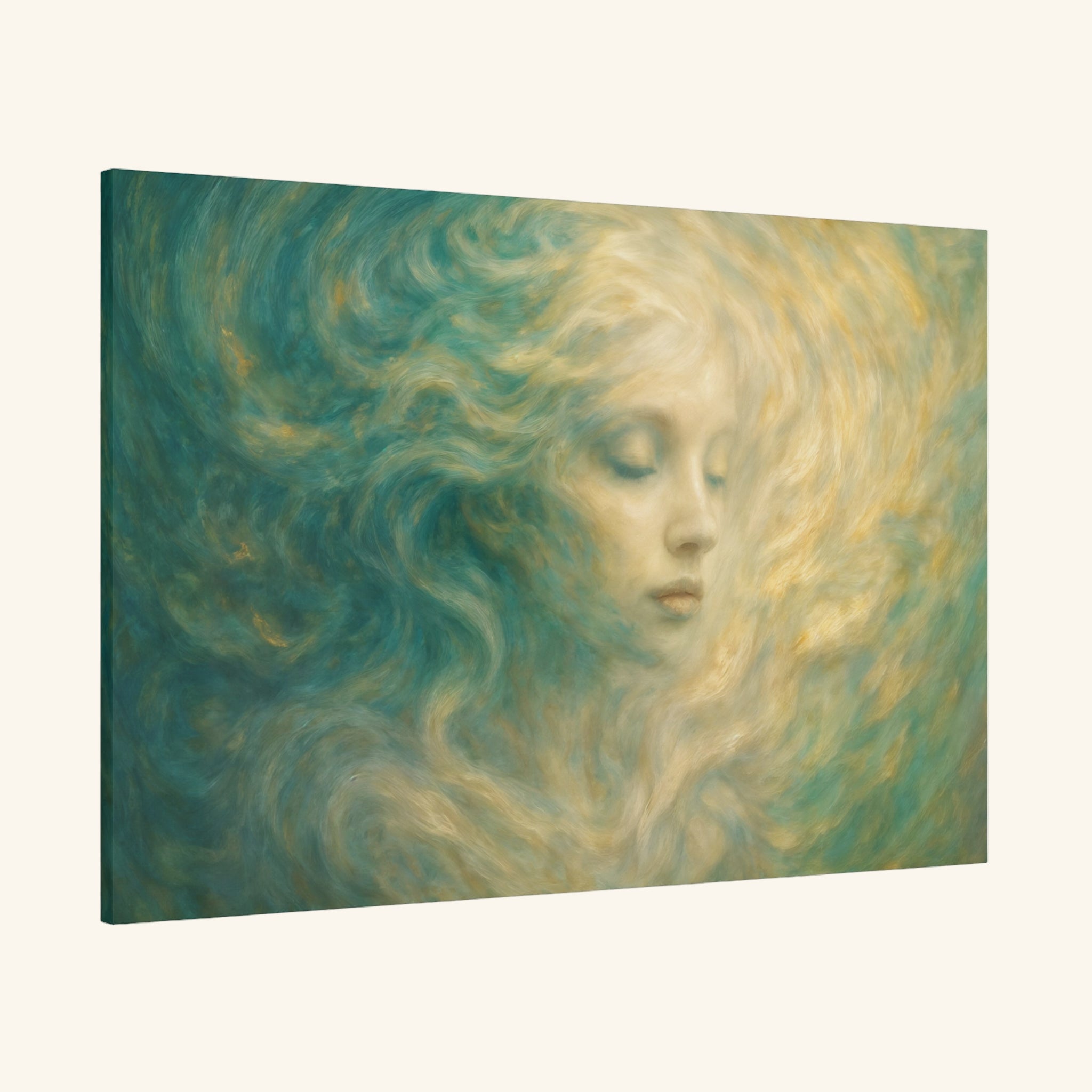 Canvas print of a woman's face with flowing hair in teal and gold tones.