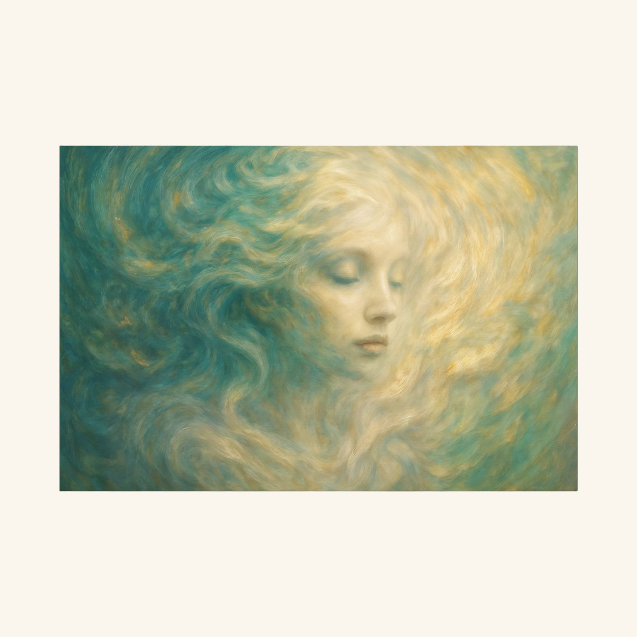 Artistic depiction of a woman's face with flowing hair in teal and gold tones.