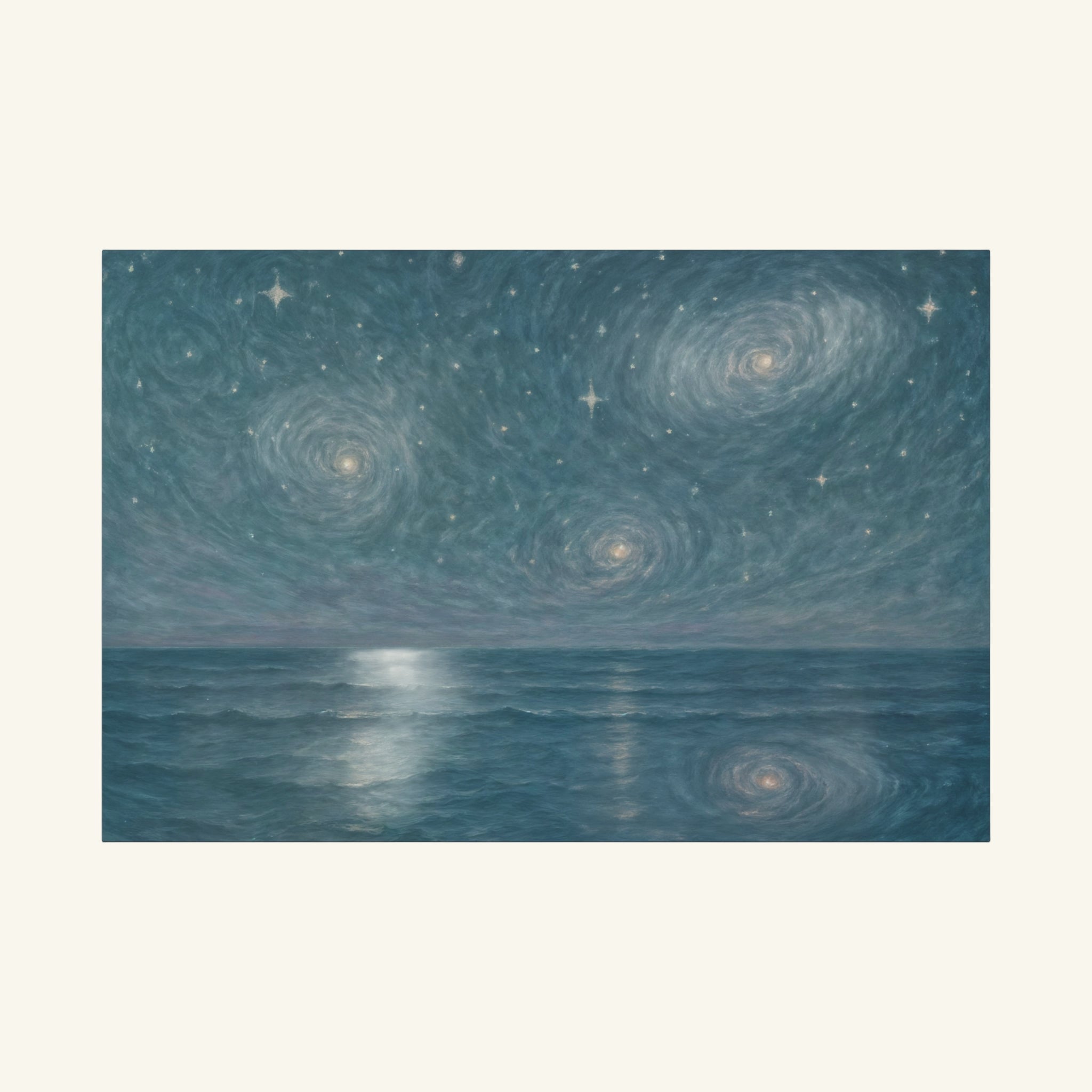 Artistic depiction of a starry night sky over water with concentric circular patterns.