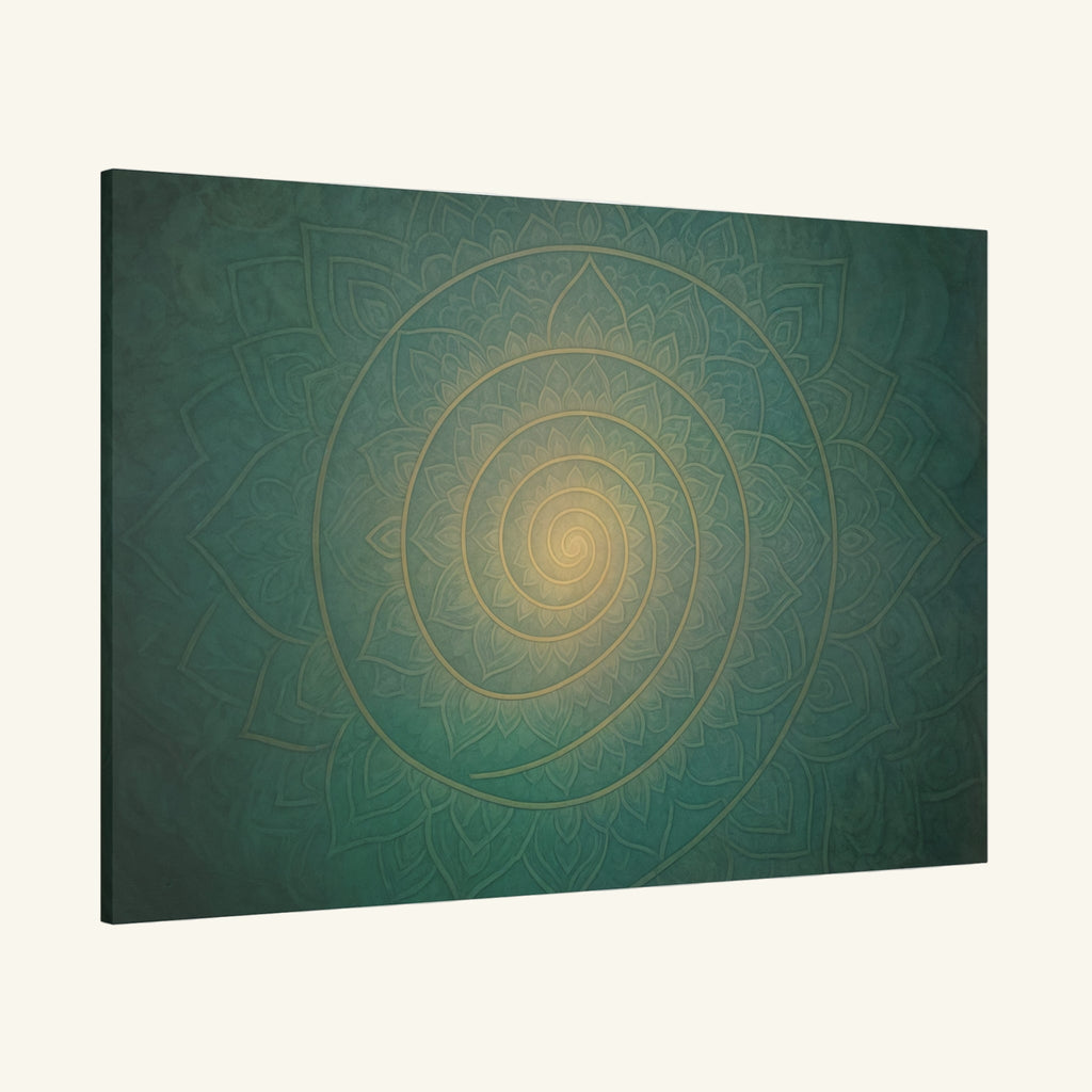 Decorative wall art with a spiral pattern on a green background