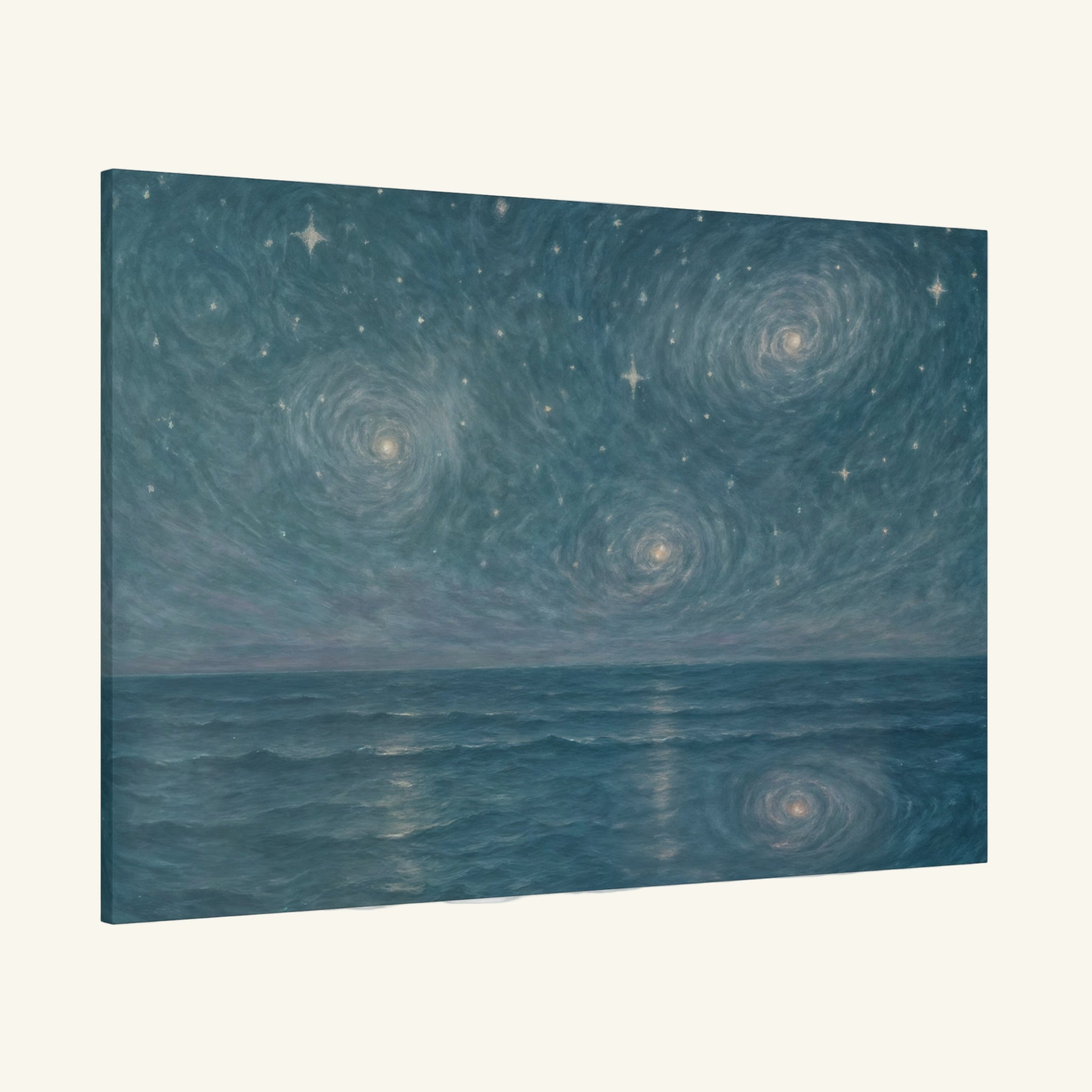 Surreal artwork of concentric circles over water with star-like dots