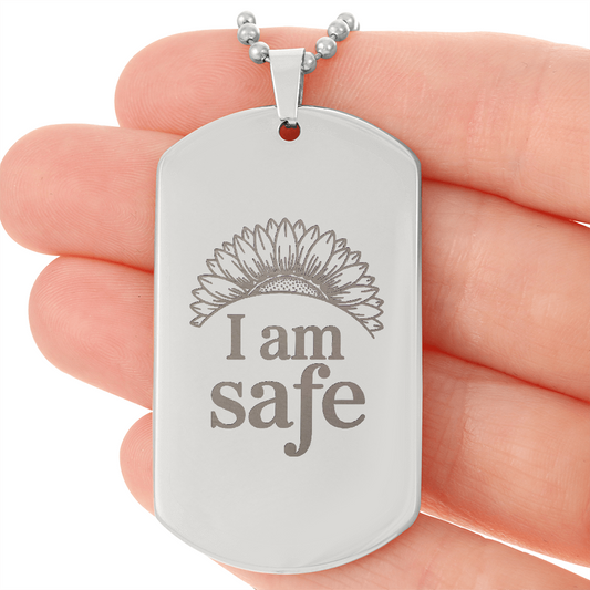 “I Am Safe” Sunflower Dog Tag Necklace